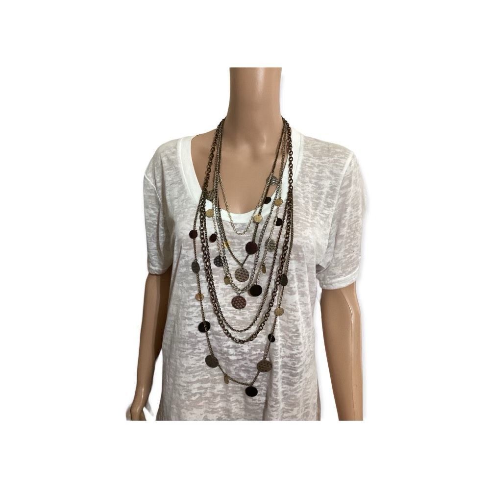 Vintage 7 Strand Long Disc And Chain Necklace